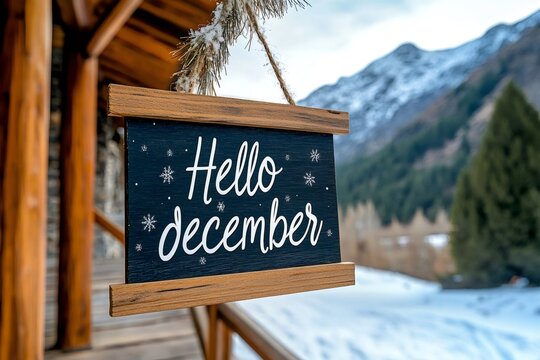 Hello december seasonal sign hanging on cabin porch