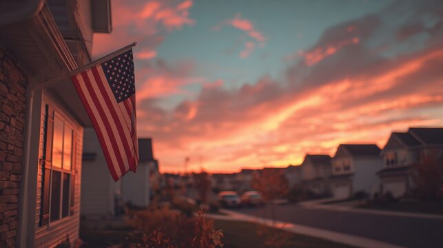 American flag hangs on a suburban house during a vibrant sunset with colorful clouds - Powered by Adobe