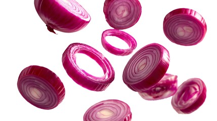 Sliced red onions isolated on white background, fresh vegetable food ingredient, healthy organic cooking and culinary concept