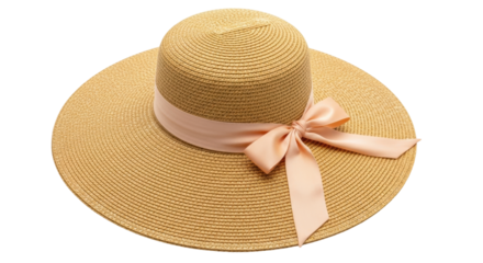 Isolated wide brim beach hat with pink bow, summer fashion accessory for sun protection