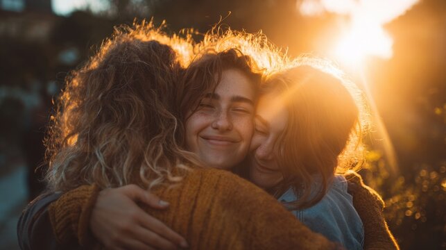 Three young women embracing during a golden hour sunset Friends Hugging