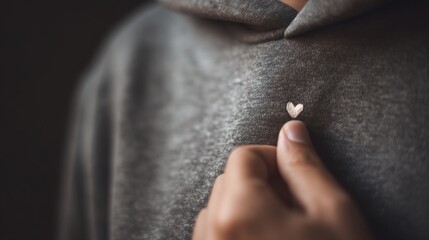 Fototapeta premium Close up of a finger gently touching a small embroidered heart on a gray hooded sweatshirt