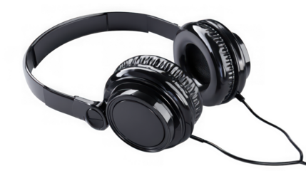 Black headphones isolated on transparent background for listening music