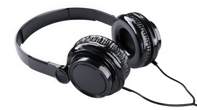 Black headphones isolated on transparent background for listening music