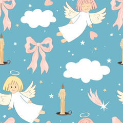 Cute bows, candles and flying angels Xmas seamless pattern. Christmas background, vector illustration