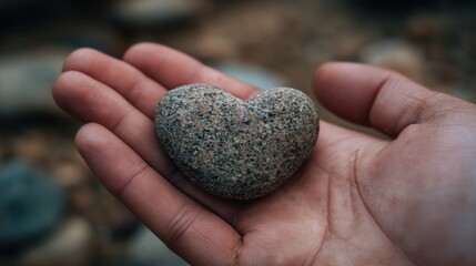 Hand holding a natural heart shaped stone with pebble background rock nature