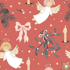 Xmas seamless pattern with cute angels, pine and mistletoe branches, bows, and candles. Christmas background, vector illustration.