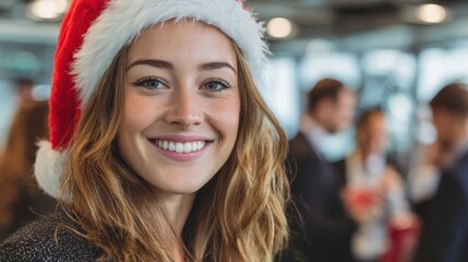 Smiling young woman wearing a Santa hat in an office holiday gathering setting