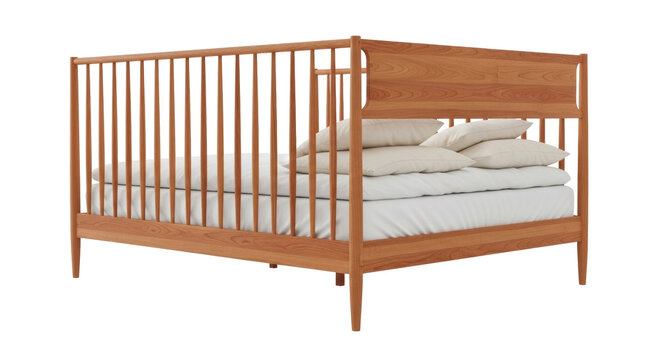 Isolated light brown wooden bed frame with pillows and mattress bedding for children