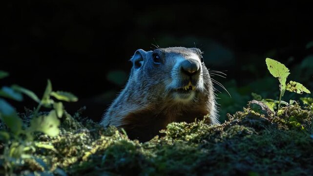 Video A groundhog stands alone in a dense forest, perfect for use in nature, wildlife, or outdoor-themed projects