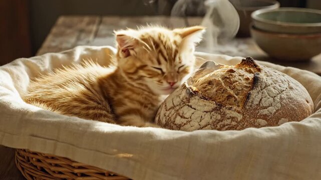 Ginger kitten sleeping snug in a rustic bread basket atop an artisan loaf, bathed in soft natural light, conveying warmth, comfort and cozy domestic charm