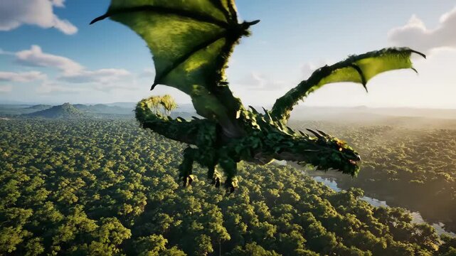 Mystical forest dragon soaring above a dense green jungle canopy and winding river, embodying fantasy, nature, and powerful ancient myths in a vibrant aerial view