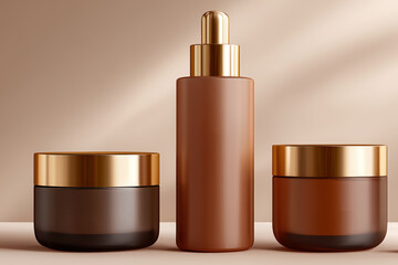 Collection of elegant skincare products displayed on a soft beige surface, featuring glass and plastic containers with gold accents, showcasing beauty and luxury in a minimalist setting