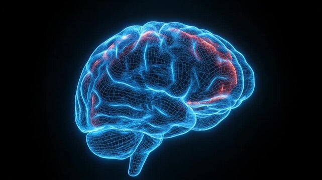 Abstract glowing blue brain hologram with red highlights on black background.
