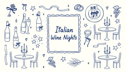 Hand-Drawn Italian Wine Nights Vector &ndash; Romantic Vineyard Doodle with Grapes, Candlelight, Olive Branches & Dining Table Decor