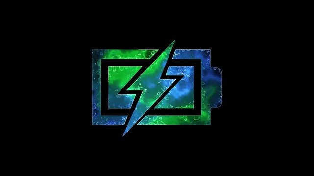 Energetic charge battery icon with lightning bolt motion graphics showing power surge with vibrant blue green glow on black backdrop