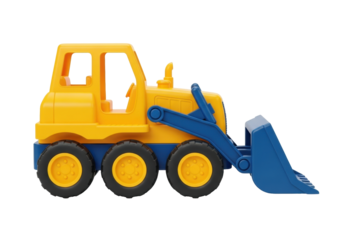 Isolated bright bulldozer toy for construction play time, development, childhood fun
