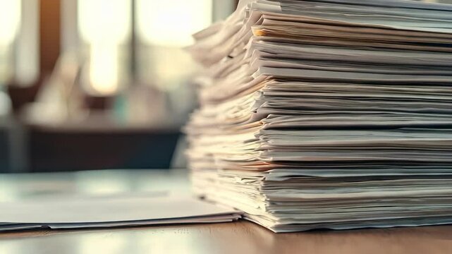 A close-up of a large stack of papers on an office desk.