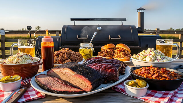 BBQ Smoked Brisket and Pulled Pork Feast with Side Dishes and Beer Outdoors.