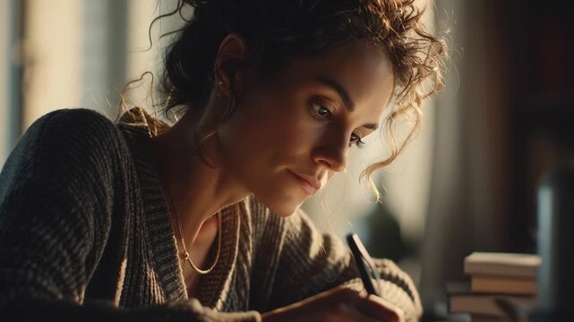 Female learning focus, woman taking online notes attentively, cinematic window light framing her face, atmosphere of knowledge and curiosity, modern study tone, realism of empowerment and peace, warm 