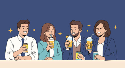 Group of four colleagues in business attire enjoy a happy hour after work, sitting at a bar, drinking beer, and socializing together.