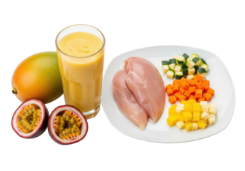 Isolated presentation of a mango smoothie, fresh fruit and raw chicken breast for a healthy meal