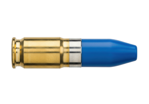 Isolated Blue Training Ammunition Bullet, Firearm Cartridge for Instruction and Safety Purposes