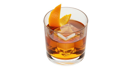Isolated spirit based drink in rocks glass with large ice cube and orange peel garnish