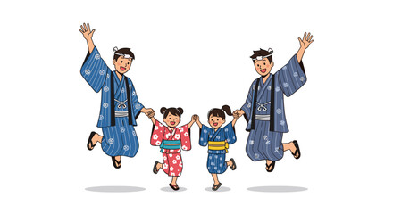 Two happy fathers with their two young daughters, all dressed in traditional yukata, are jumping for joy together during a Japanese festival.
