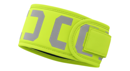 Isolated safety wristband in bright fluorescent yellow with reflective gray design, wearable