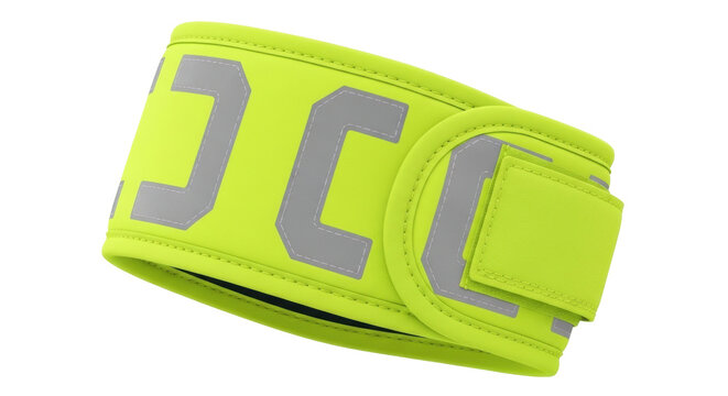 Isolated safety wristband in bright fluorescent yellow with reflective gray design, wearable
