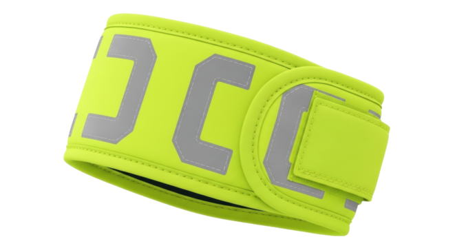 Isolated safety wristband in bright fluorescent yellow with reflective gray design, wearable