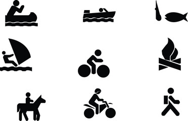 Solid Silhouette Icons of Outdoor Adventure, Water Sports, and Recreational Activities Pictogram Set