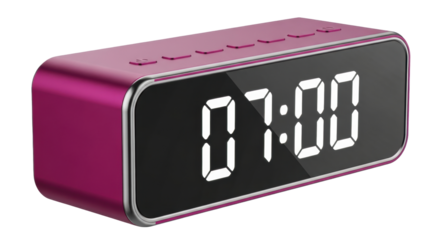 Isolated digital alarm clock shows seven o'clock, device on table, sleep tool for morning time