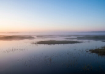 Fototapeta premium Tranquil dawn mist hovers over a serene wetland landscape, reflecting the soft pastel hues of the sky, creating a peaceful and ethereal natural scene