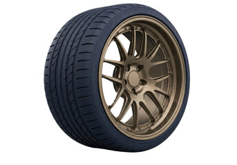 Obraz premium Isolated bronze-colored car wheel with dark blue tire, automotive equipment, wheel design
