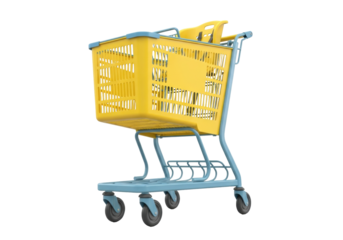 Isolated yellow child's shopping cart for sale, toy cart, small metal cart with rollers wheels