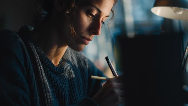 Female learning focus, woman taking online notes attentively, cinematic window light framing her face, atmosphere of knowledge and curiosity, modern study tone, realism of empowerment and peace, warm 