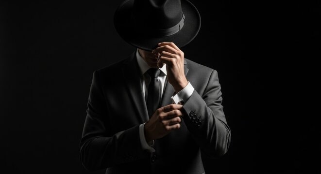 Mysterious man in dark suit and fedora adjusting cufflink