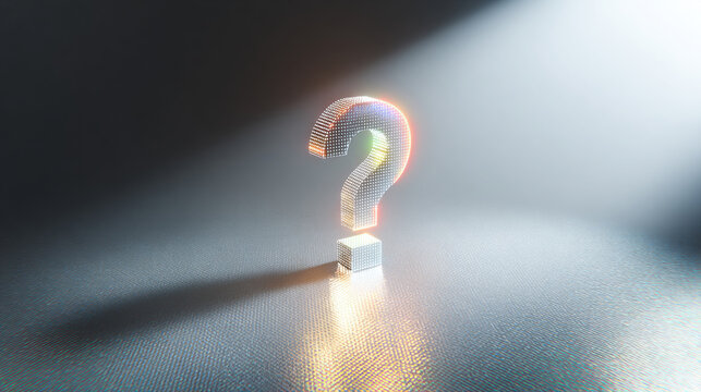 Shiny question mark with rainbow light and shadow on a dark background. A reflective question mark casts a colorful shadow, creating a visually appealing and thought-provoking image.