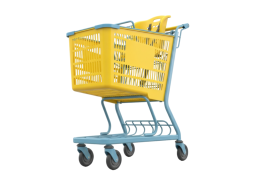 Isolated yellow child's shopping cart for sale, toy cart, small metal cart with rollers wheels