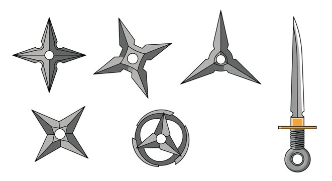 A detailed set of various Japanese ninja weapons, including multiple designs of shuriken throwing stars and a sharp kunai dagger.