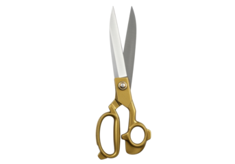 Isolated pair of tailor shears with gold handles, tool for fabric and dressmaking, crafting