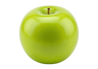 Isolated green Granny Smith apple with stem, full view, whole fruit, fresh produce harvest