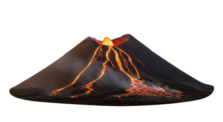 Isolated image of an erupting volcano with flowing lava on a mountain with no background
