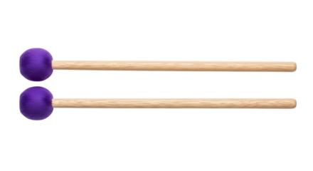 Isolated Two musical mallets with violet heads and wooden handles for timpani and xylophone