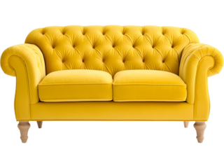 Yellow velvet sofa isolated on transparent background. Perfect for luxury home and interior design.
