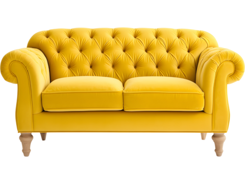 Yellow velvet sofa isolated on transparent background. Perfect for luxury home and interior design.