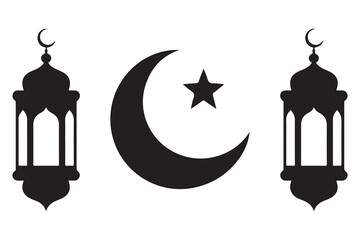 Islamic lantern and crescent moon with star silhouette icon on white background
