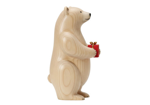 Isolated wooden polar bear figurine holding a small red gift box, cute Christmas decoration - Powered by Adobe